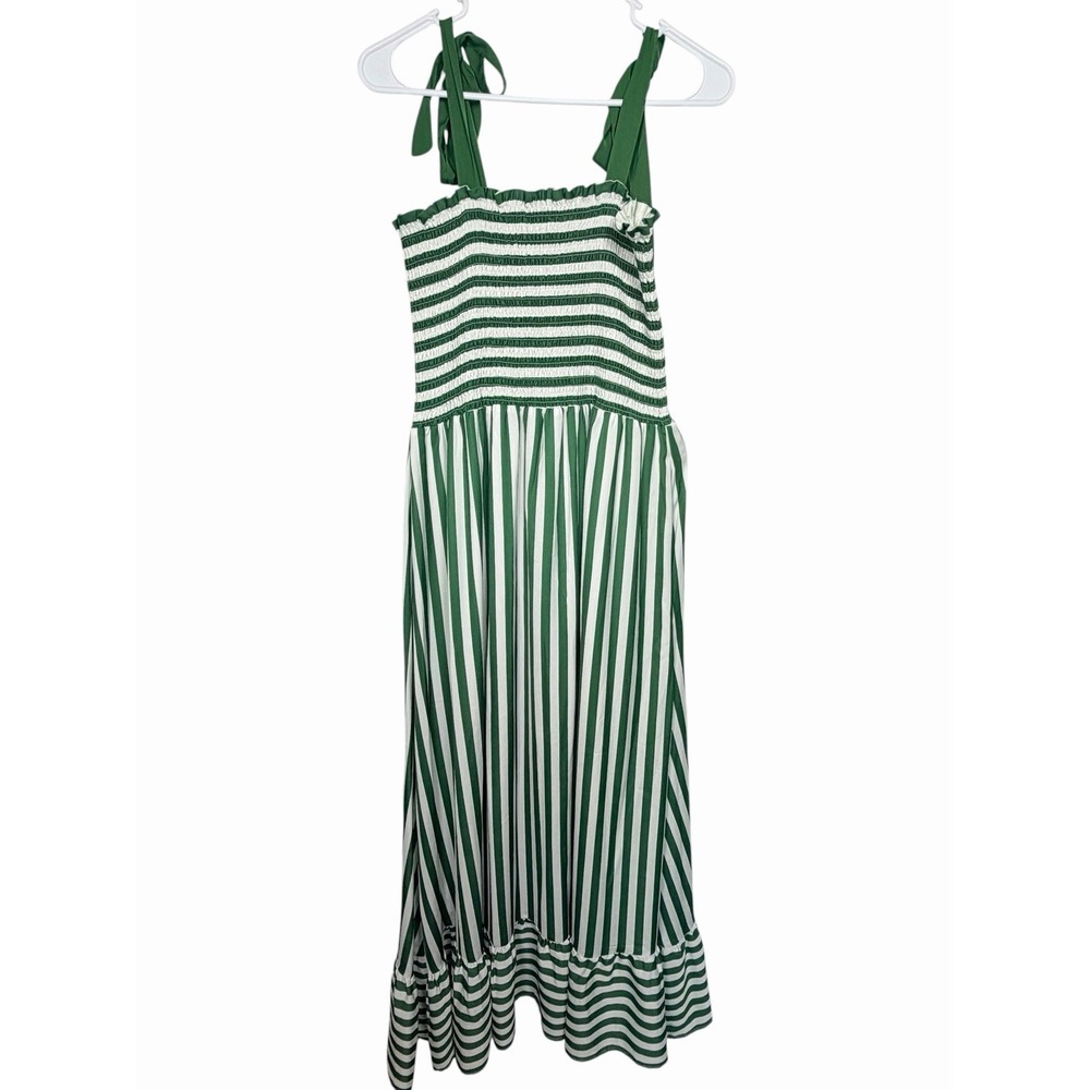 Summersalt Silky Luxe Smocked Maxi Dress Green White Stripe Tie Shoulder L - Picture 12 of 13